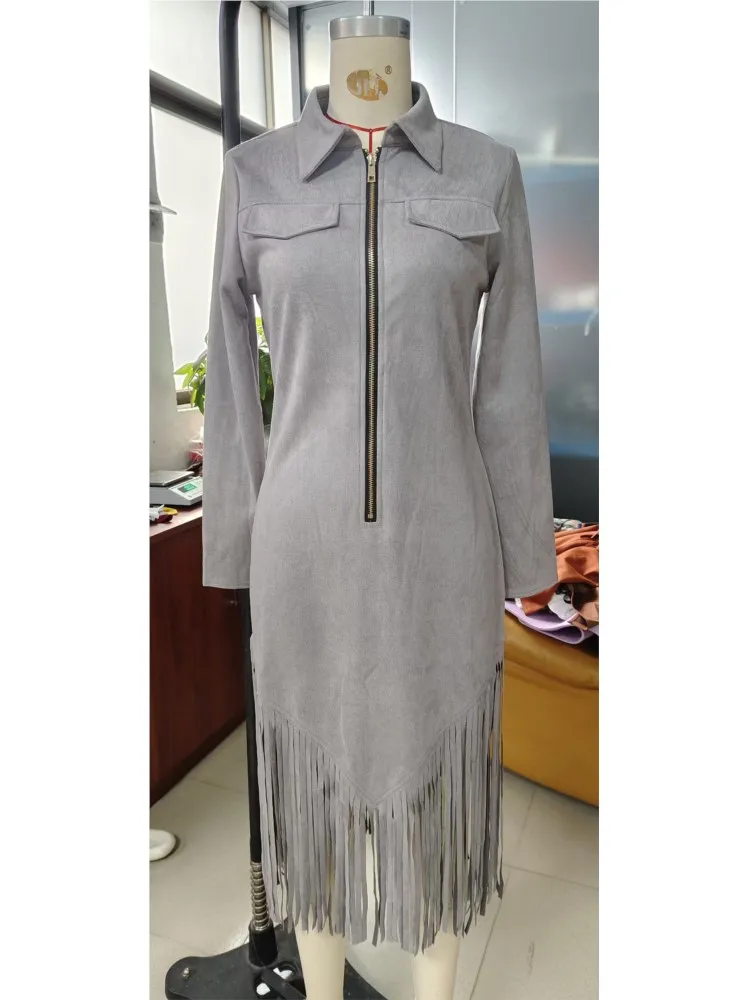 Denim Style Dress Spring Summer Women's New Suede Tassel Solid Color Slim Long Sleeve Zipper Long Dress Ropa Mujer Vestidos
