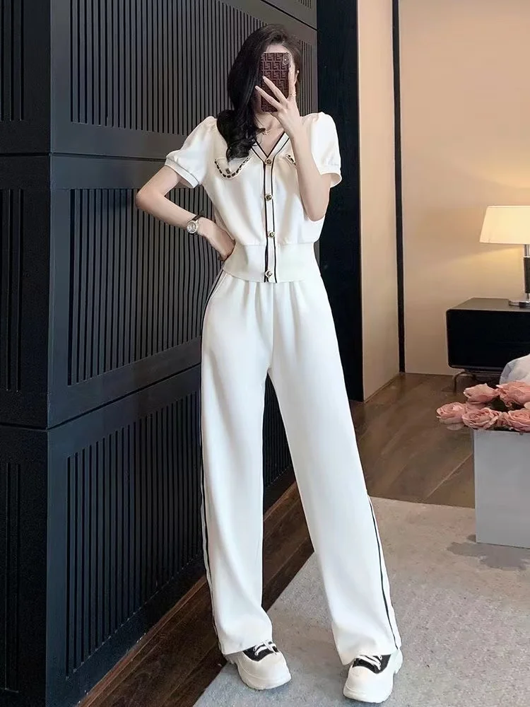 

Элегантный повседневный женский летний комплект 2023: Новинка, модный костюм-двойка с коротким рукавом, брюки с высокой талией и широкими штанинами из полиэстера