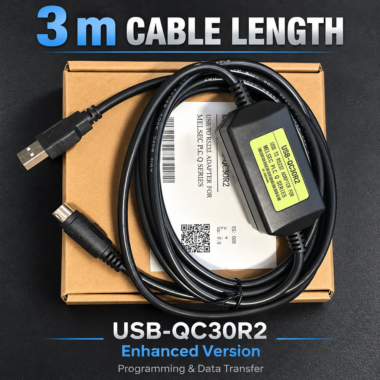 MELSEC Programming Adapter USB-QC30R2 Cable Compatible with Mitsubishi Q Series, 3M 6 Pin, Online Monitoring Debug Cord