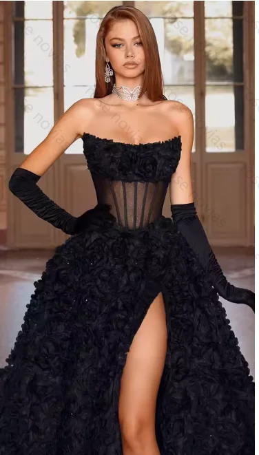Alta qualidade sexy preto vestidos de baile sem alças até o chão luvas sem costas flor alta fenda requintado formal noite personalizado