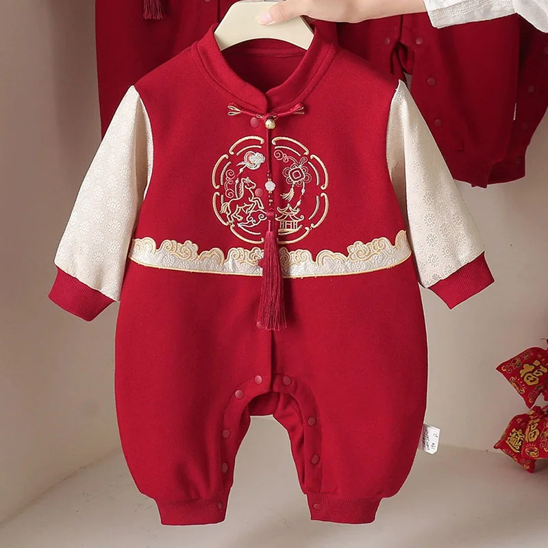 2026 Spring Autumn Baby Boy Boutique Clothing Chinese Style New Year Embroidery Red Jumpsuits Infant Romper Newborn Items B196