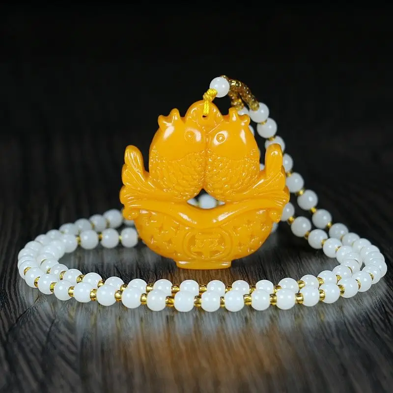 

White Jade Huanglong Jade Double-sided Craft Pisces Safety Pendant Necklace