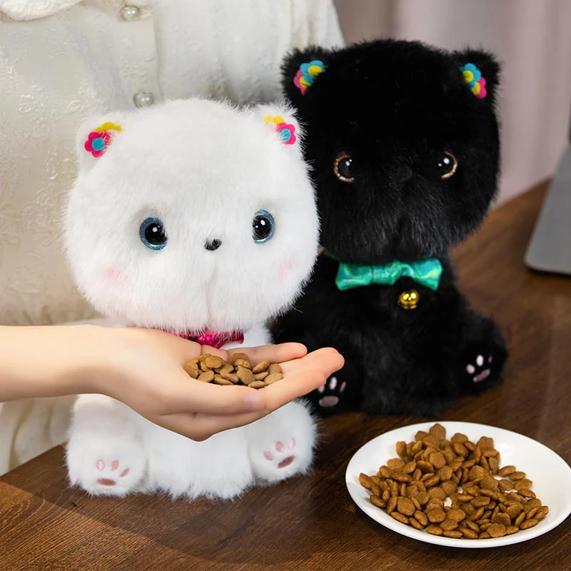 

25cm Lovely Black White Cat Plushies Doll Soft Stuffed Animal Lifelike Pet Kitten with Bells Plush Toys Home Decor for Girl Gift