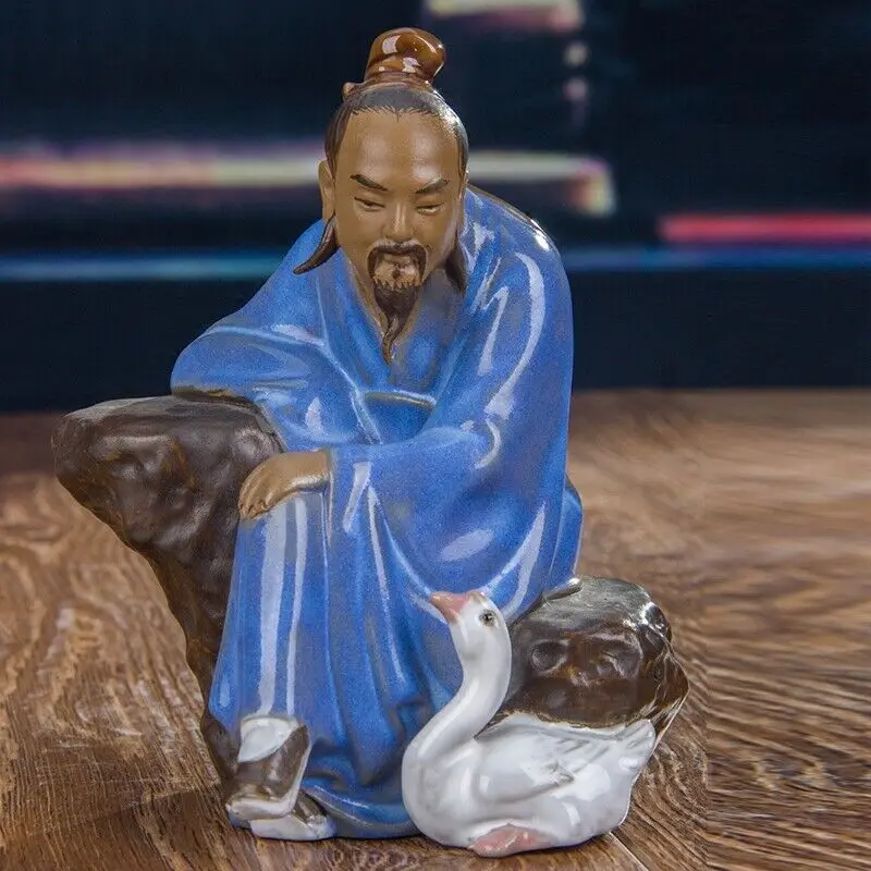 

10.6" Collect Chinese Porcelain Calligrapher Wang Xizhi Goose Figurines Statue