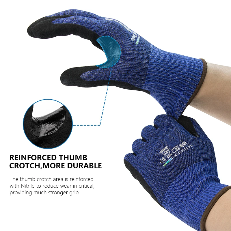 Andanda-guantes de nitrilo de doble capa con refuerzo para el pulgar, de trabajo, Nivel 5, resistentes a Cortes, seguridad mecánica