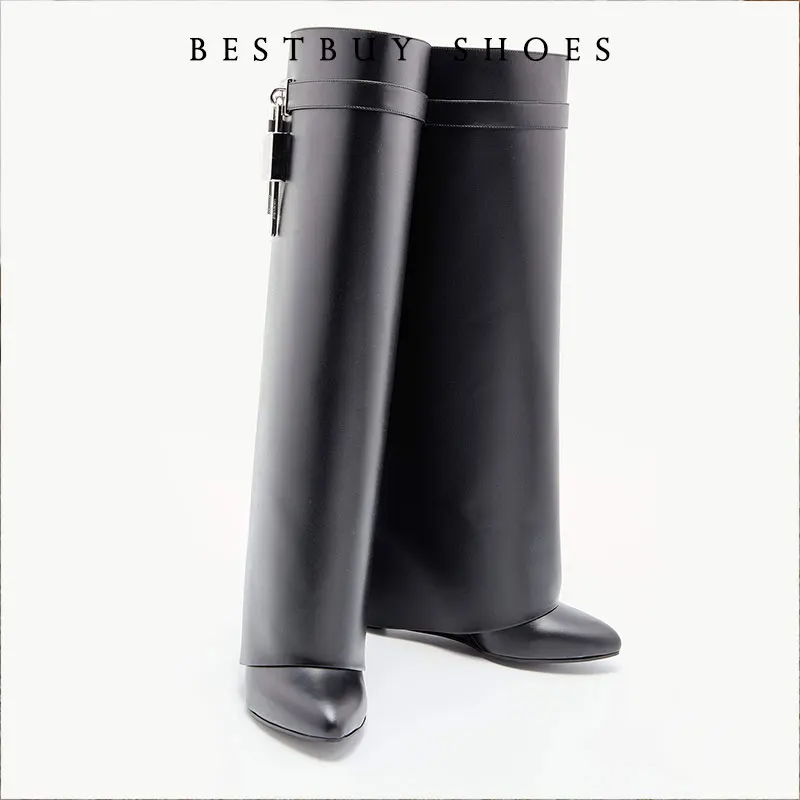 

2025 Autumn Winter Lock Boots Women Designer Knee Boots Women Brand Knight Boots Fold Fashion Gothic Wedge Long Boot