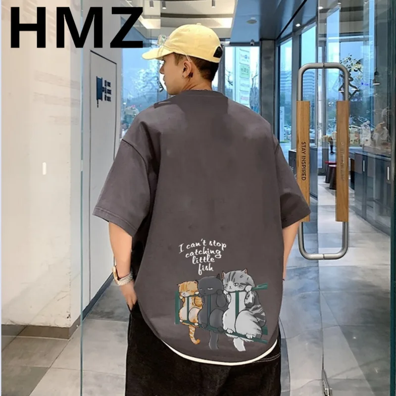 HMZ-Camiseta de algodón para hombre, camisa informal de gran tamaño con estampado de gato, cuello redondo, manga corta, verano, 2023