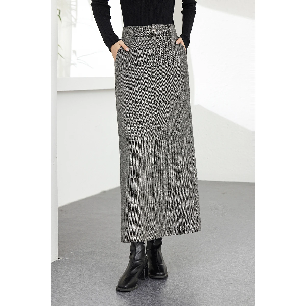 

VIMLY Maxi Women Skirt Elegant Wool Blend Straight Lady Skirts Winter 2025 Office Herringbone Thick Skirt Women's Clothing M9035