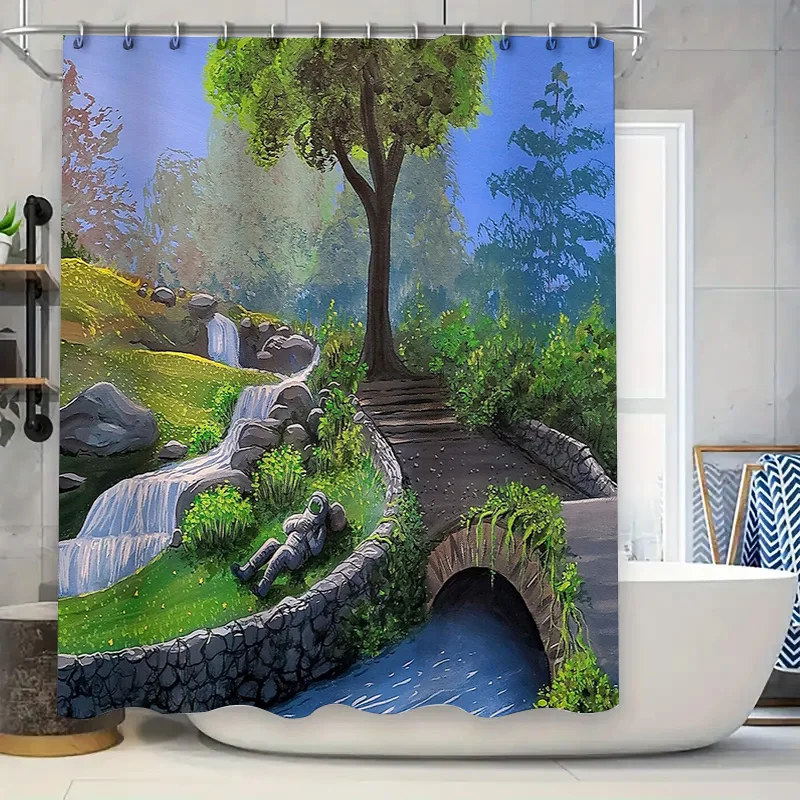 

Nature Waterfall Forest Landscape Shower Curtain Set Waterproof Home Decor Artistic Scenic Bathroom Curtains Vintage Backdrop