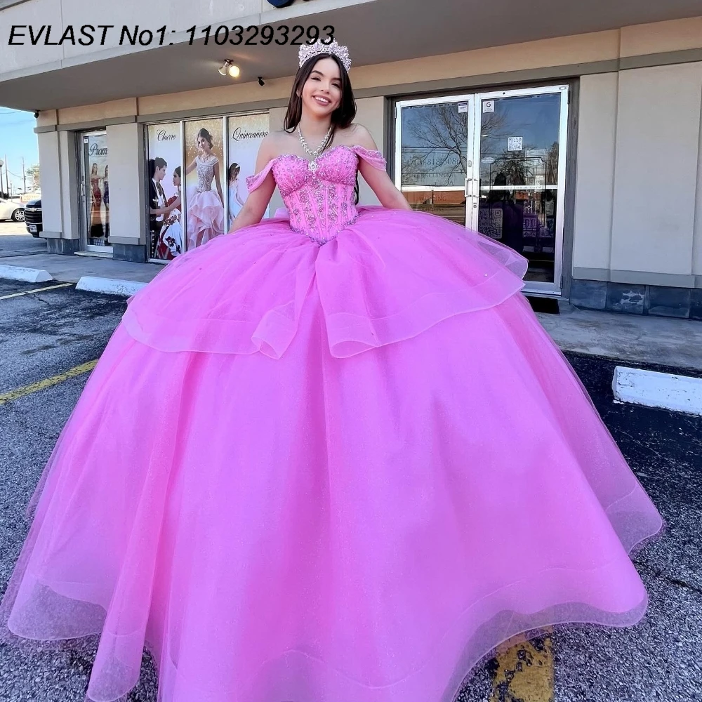 

EVLAST Customized 2025 Pink Quinceanera Dress Ball Gown Applique Diamonds Beaded Bow Corset Sweet 16 Vestido De 15 Anos E1Q376