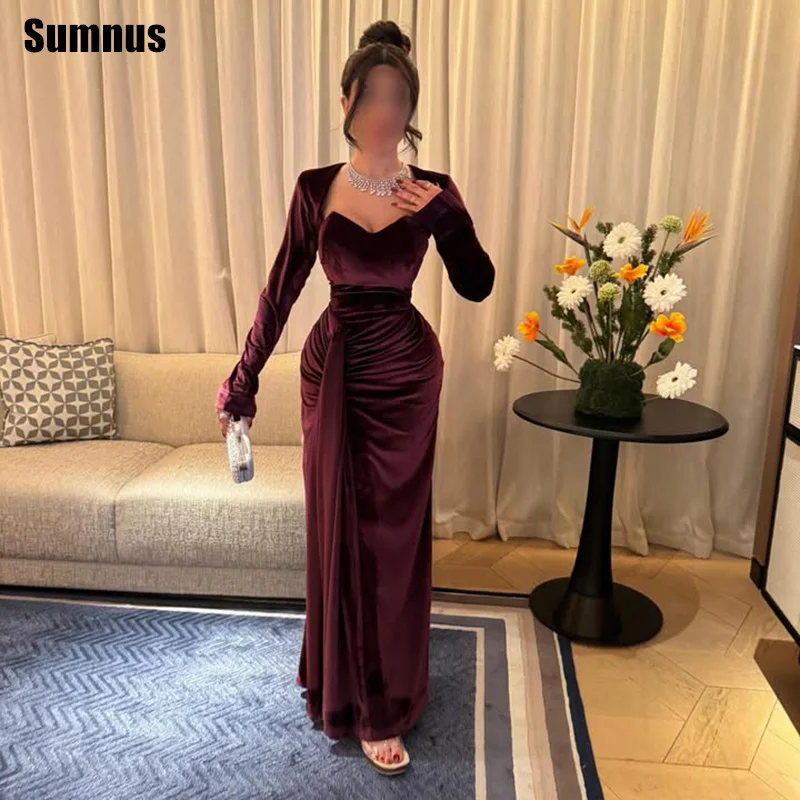 

Sumnus Simple Mermaid Prom Dresses Burgundy Sweetheart Velvet Pleats Evening Dress جديد في الفساتين Customized
