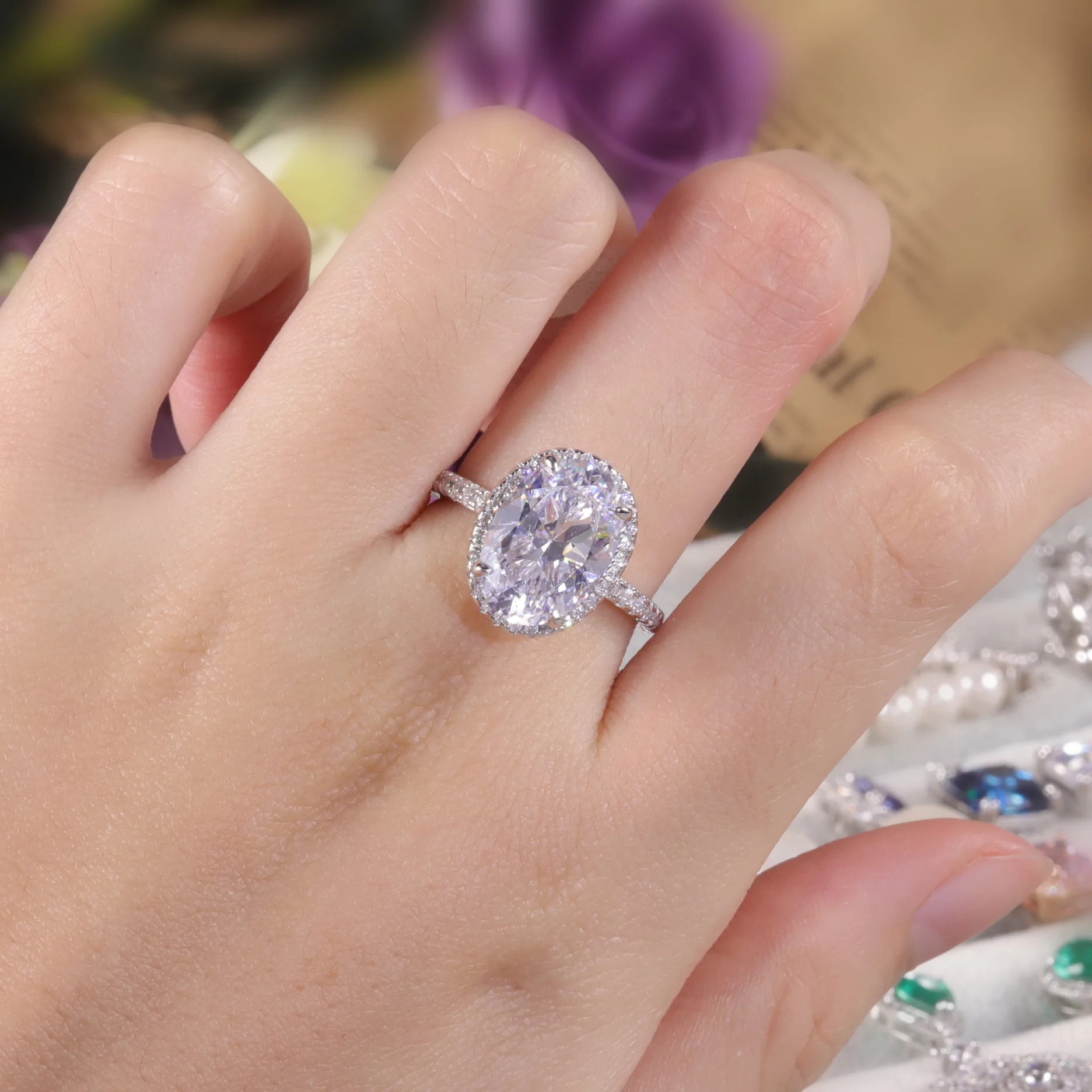 GEM'S BALLET Handmade Cocktail Ring 925 Sterling Silver Diamond-fire CZ- White Halo Engagement Rings Statement Ring Gift For Her