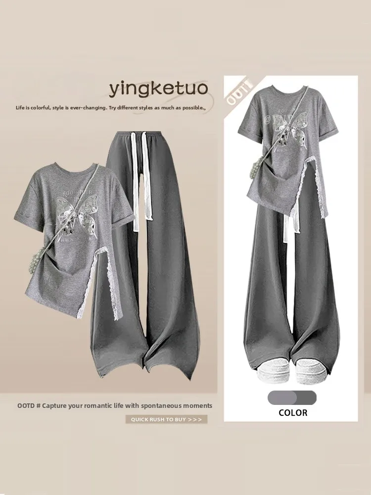 Casual Loose Summer  Print round Neck Short Sleeve Top And Wide Leg Pants Women's Two Piece Set Slimming Effect