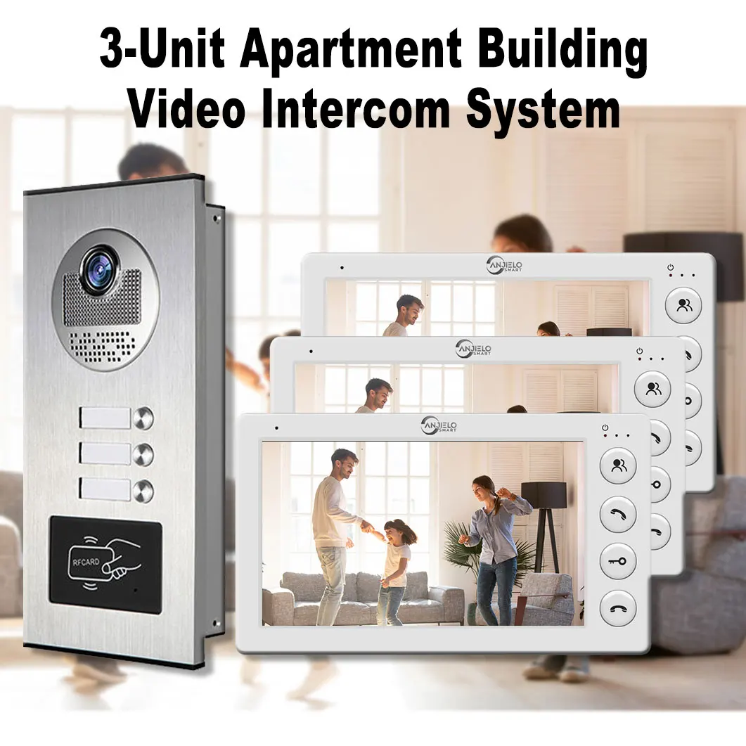 3 Unit Home Video Intercom for Apartments Residential Intercom Doorbell Video Door Phone System with RFID Card Unlock