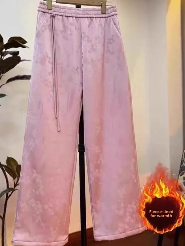 Pantaloni a gamba larga foderati Fce Faionable per donna con ricamo a motivo nascosto Nuovi pantaloni invernali cinesi Sle