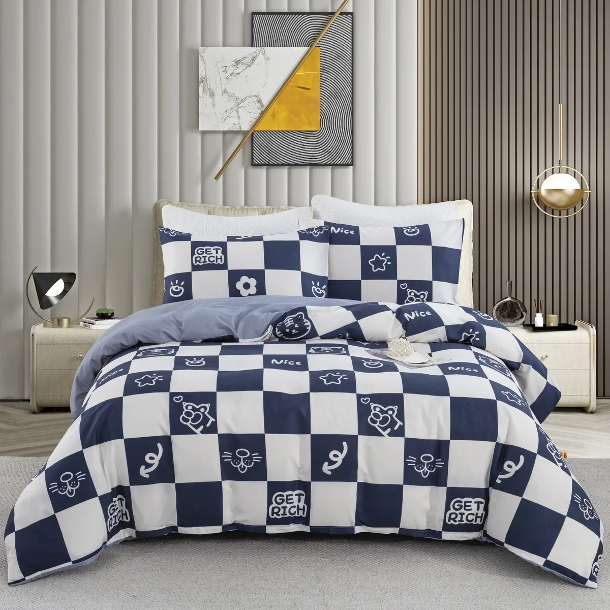 Imagem -02 - Single-sided Impresso Duvet Bedding Grupo Almofadas Confortáveis Cover Colchas Confortáveis Plaid Grid Consolador Preto e Branco Pcs