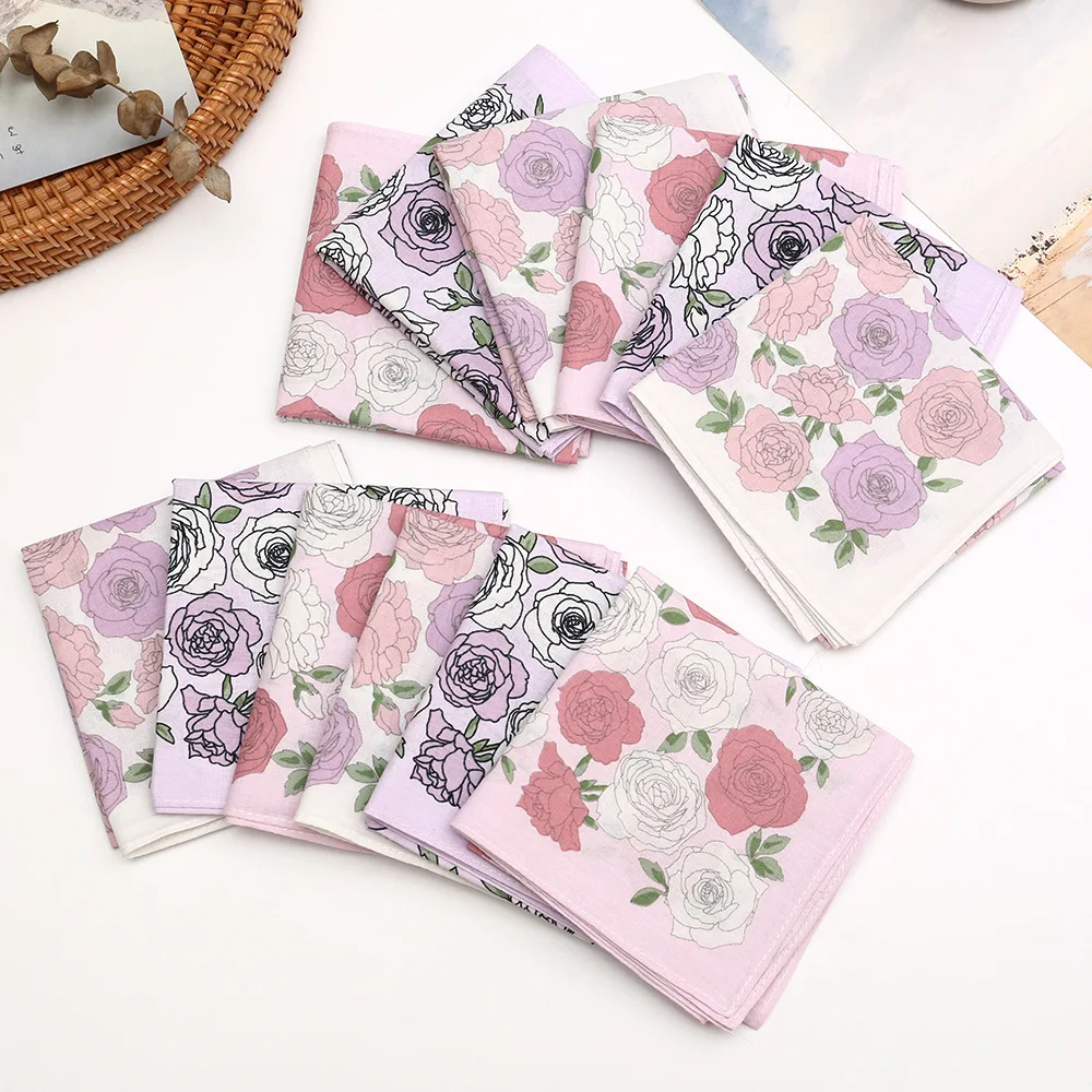 3/6/12 Pcs Ladies Cotton Printed Handkerchief Vintage Soft Comfortable Gift Set 43cm Carry It with You To Absorb Sweat