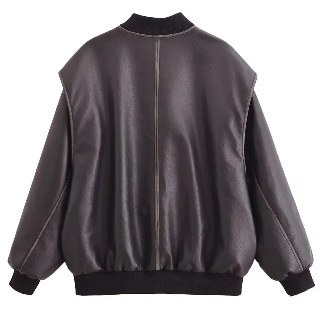 Nova moda feminina casual retro cor-lavada imitação de couro jaqueta estilo europeu e americano atacado