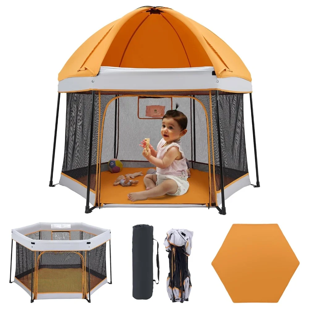 XMSJ Portable Playpen with Canopy and Mattress Outdoor and Indoor 54