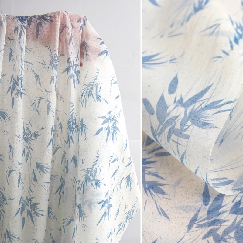 Fabric Wide 130cmx50cm Blue Bamboo Branches and Leaves Pattern Printing and Dyeing  Lightweight FashionDIY Cardigan Dress Hanfu