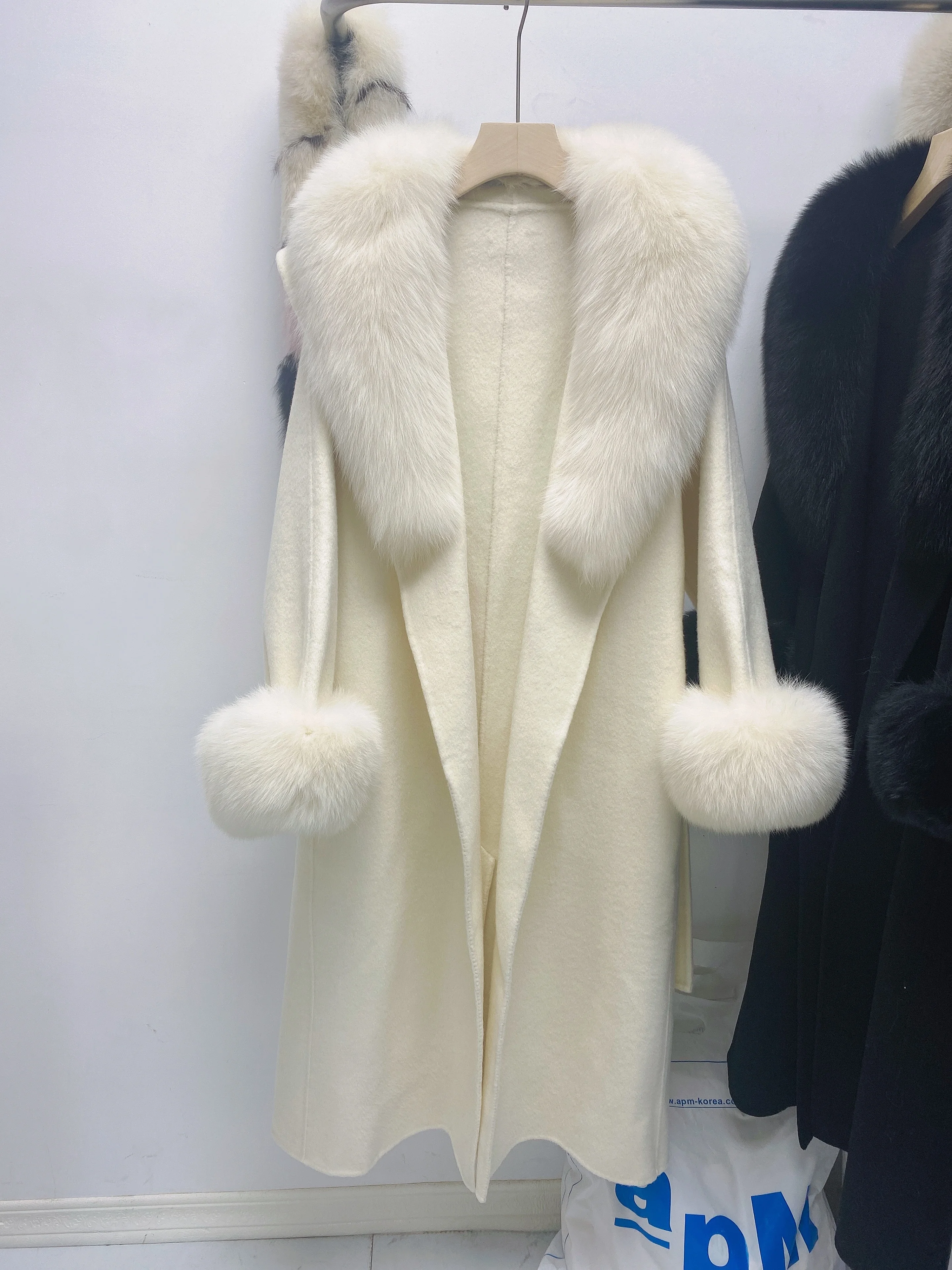 Manteau long en cachemire réversible pour femme, grand col en fourrure de renard, manteau haut de gamme pour femme, automne et hiver, nouveau