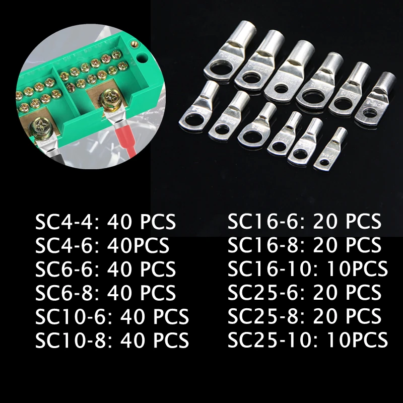 340Pcs SC4-25 Tin Plated Copper Ring Lug Terminal Battery Wire Connectors Bare Cable Crimped Soldered Box Set