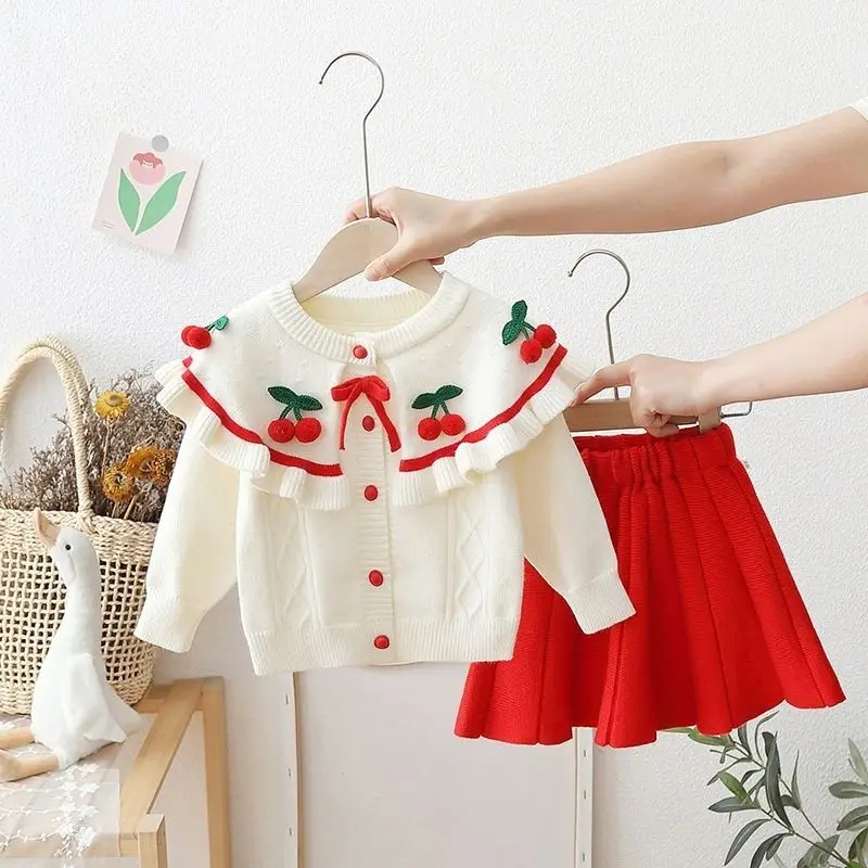 1-7 Years Spring Autumn Girls Clothing Set Lapel Design cherry knit jacket +Princess skirt two-piece set Sweater Outfit For Kids