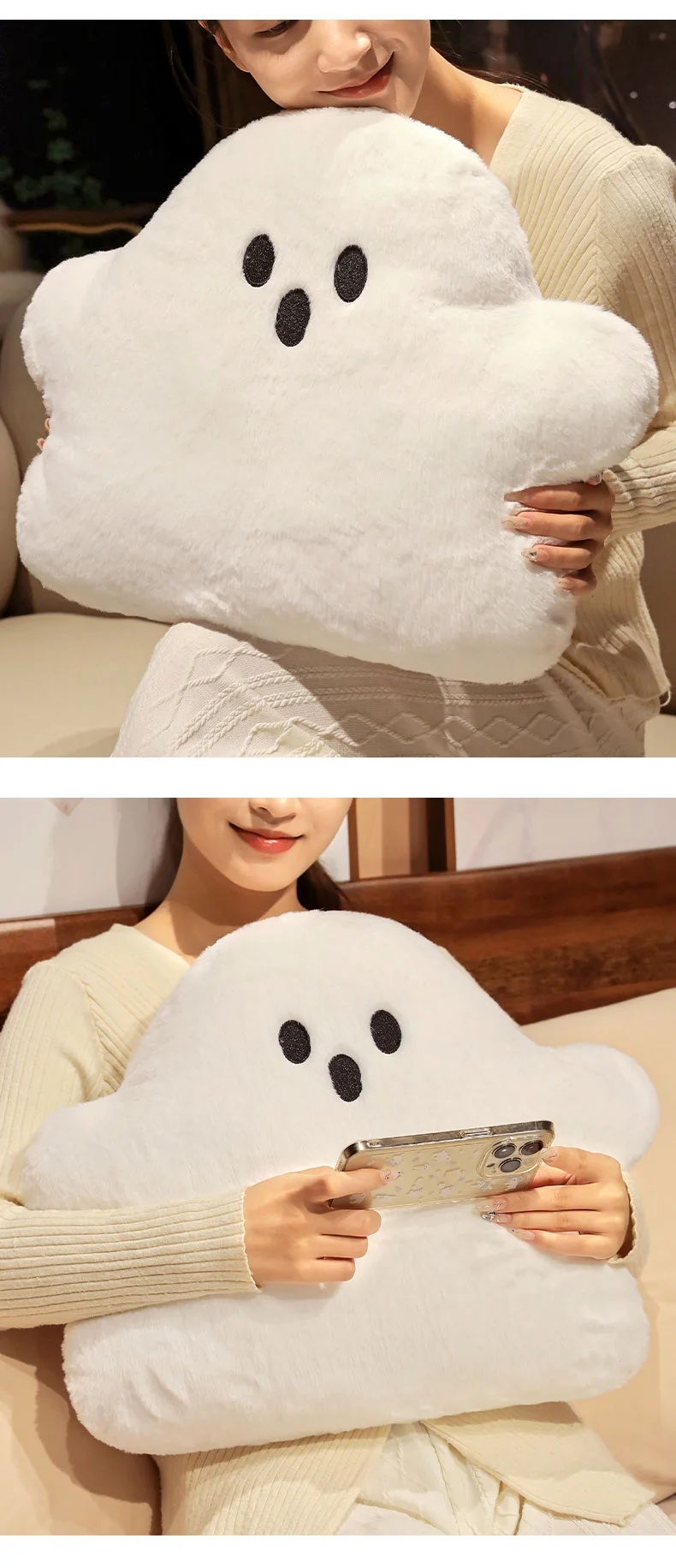 Süßes weißes Geister-Plüschkissen – weiches, umarmbares Boo-Plüschtier für Halloween-Dekoration, Kinderzimmer, Cosplay-Requisiten, Weihnachtsgeschenk, Heimdekoration – Detail 4