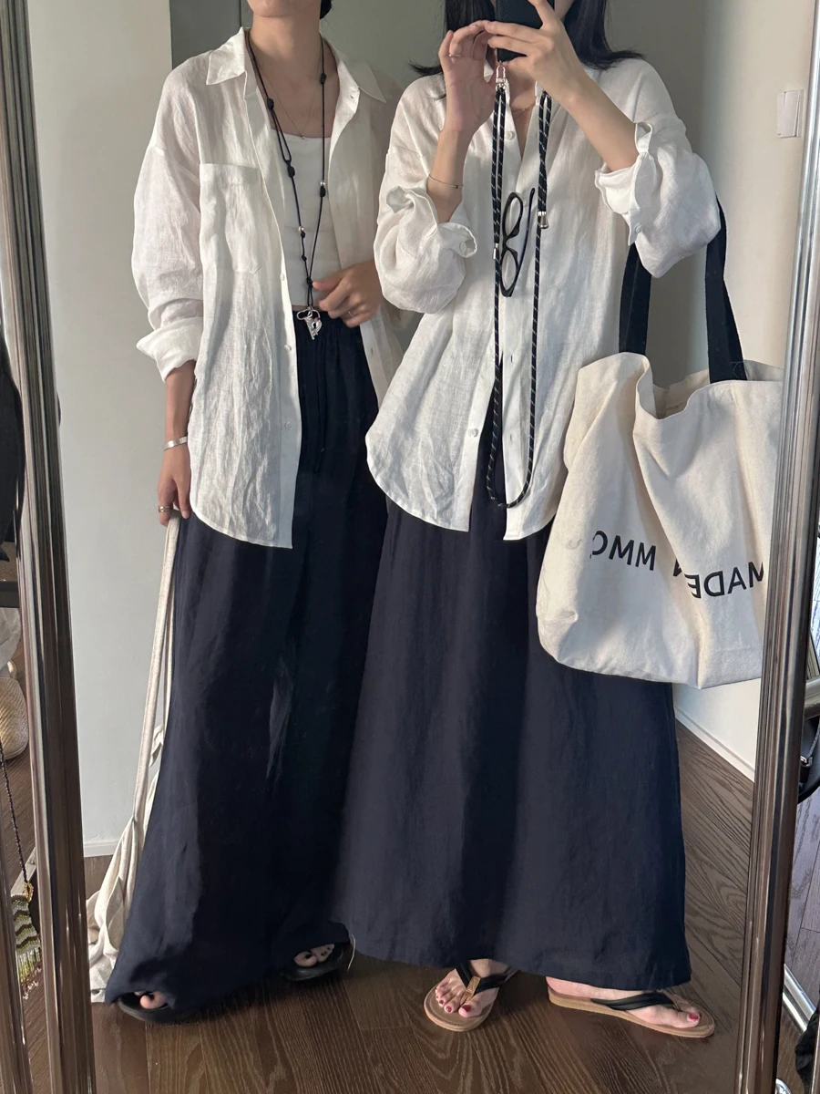 

Ультрамягкая женская верхняя одежда Haax Long Sve White irt, летний конец, ультрамягкий воротник на пуговицах, тонкая хлопково-льняная смесь