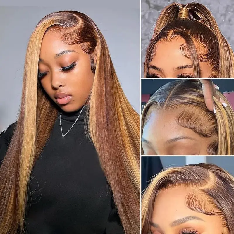 

Honey Blonde 13x6 Lace Put On And Go Glueless Straight Human Hair Pre Plucked 13x4 HD Lace Ready to Wear for Beginners Wig
