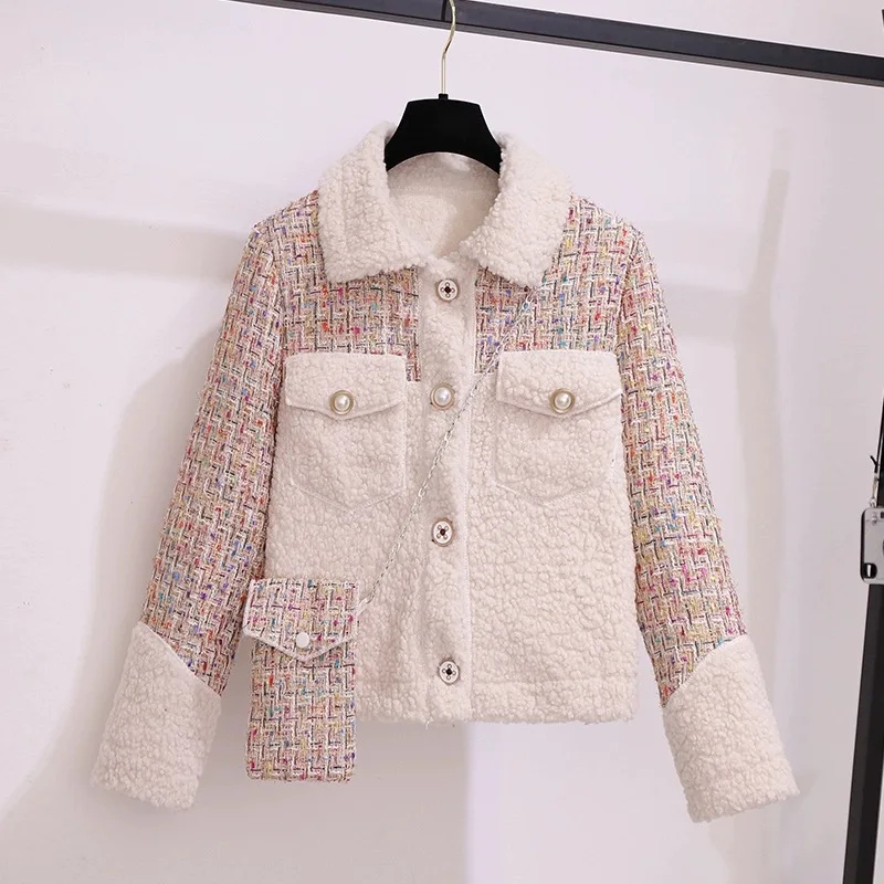 

Trendy Small Fragrance Tweed Jacket Loose Fitting Warm Imitation Lamb Fleece Coat Women Splicing Contrast Outwear Chic Female