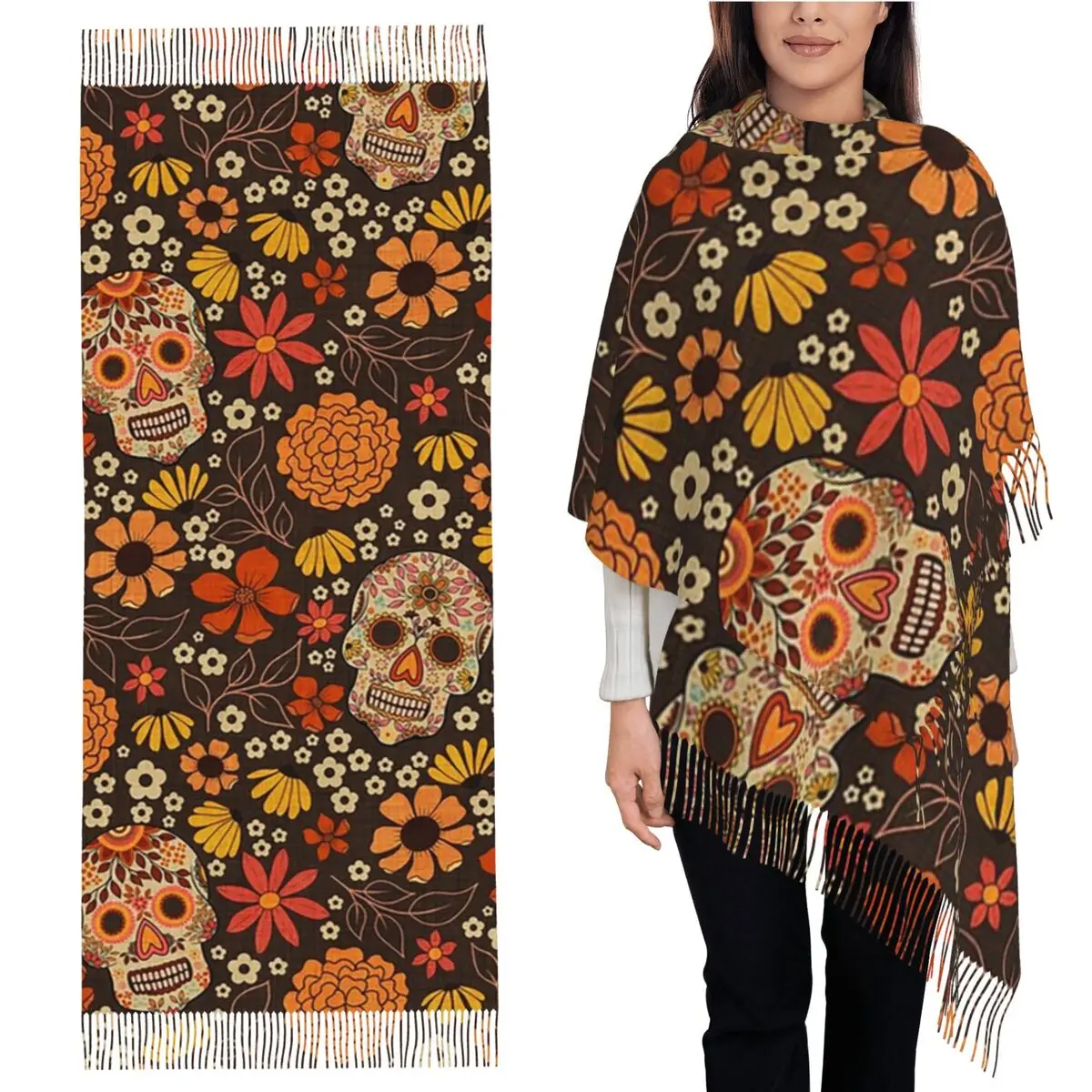 

День мертвых, сахарные черепа и цветы, шарф, шарфы с кисточками, шали и накидки, длинная осенне-зимняя шаль