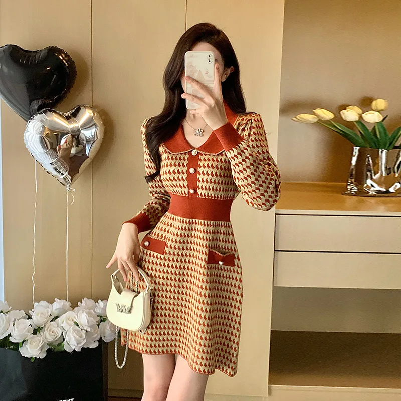 

Women's Knitted Dress 2026 New Spring and Autumn Small Fragrant Wind Gold Wire Sweater Skirt