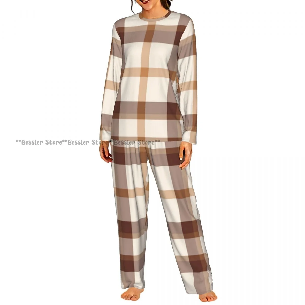 Ladies Soft Pajamas Set Dye Plaid Tartan Round Neck Long Sleeve Long Pants Casual Loose Homewear