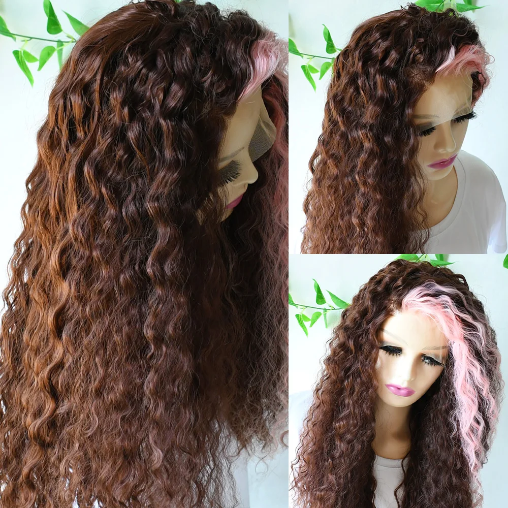 Pink Brown 13x4 Long Curly Lace Front Wigs Glueless Synthetic Lace Front Wig For Women Loose Wave Wig Cosplay Party