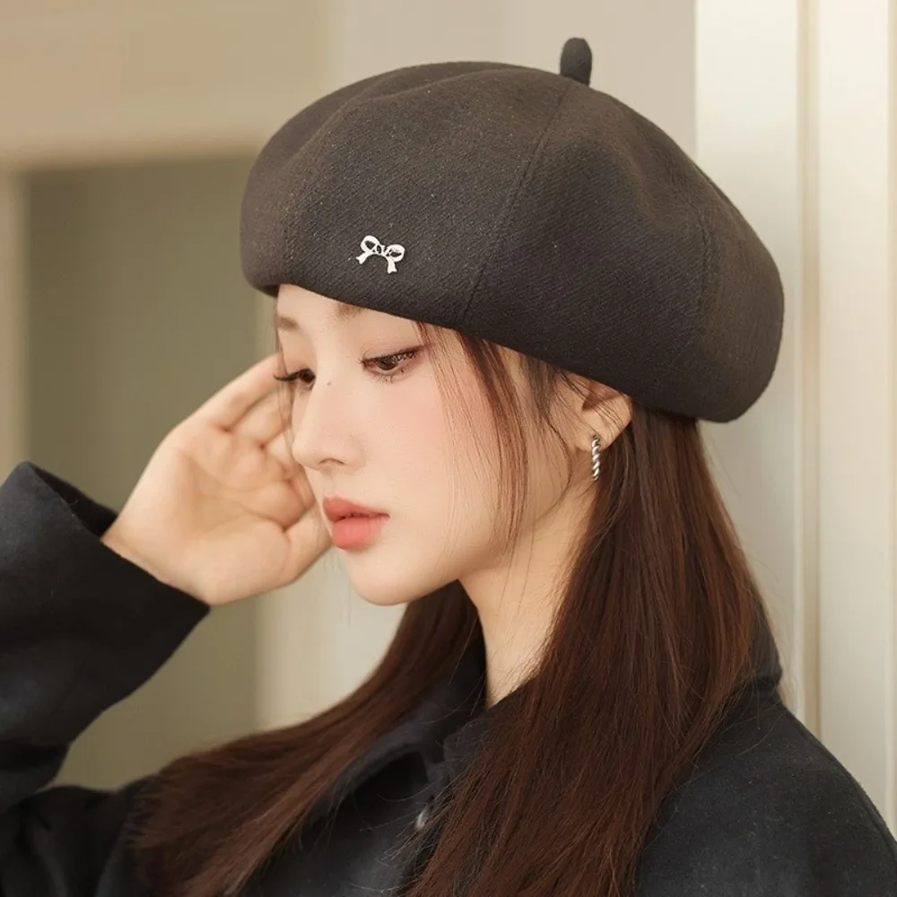 

Casual Bow Women Berets Keep Warm Elastic British Beanie Hat Solid Color Korean Style Artist Hat Girls