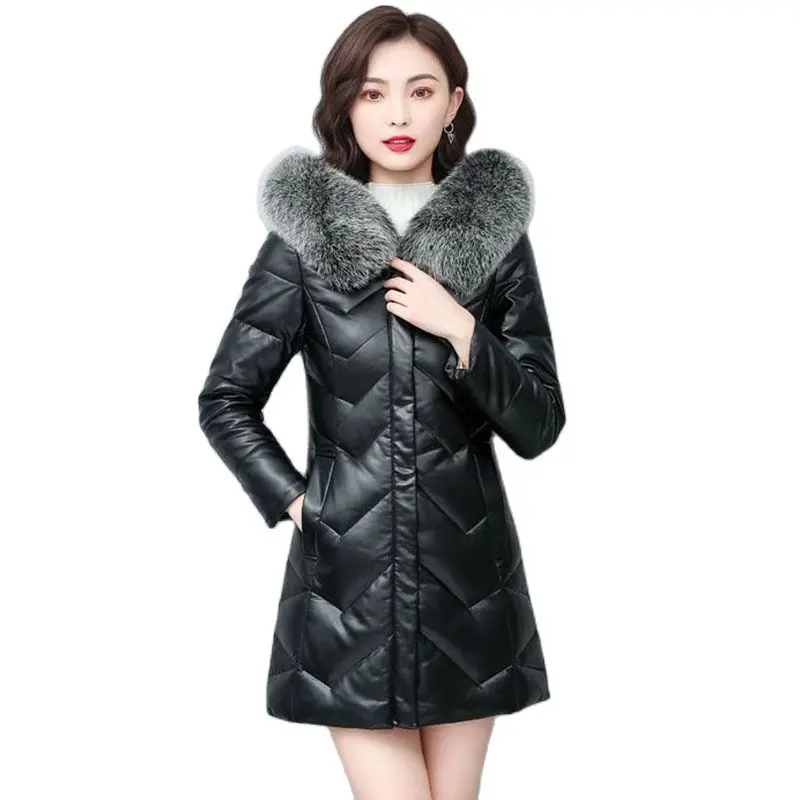 

Haining Leather Down Fashion Long Female 2023 Winter New Fox Fur Collar Sheepskin Leather Temperament Thick Coat Female .