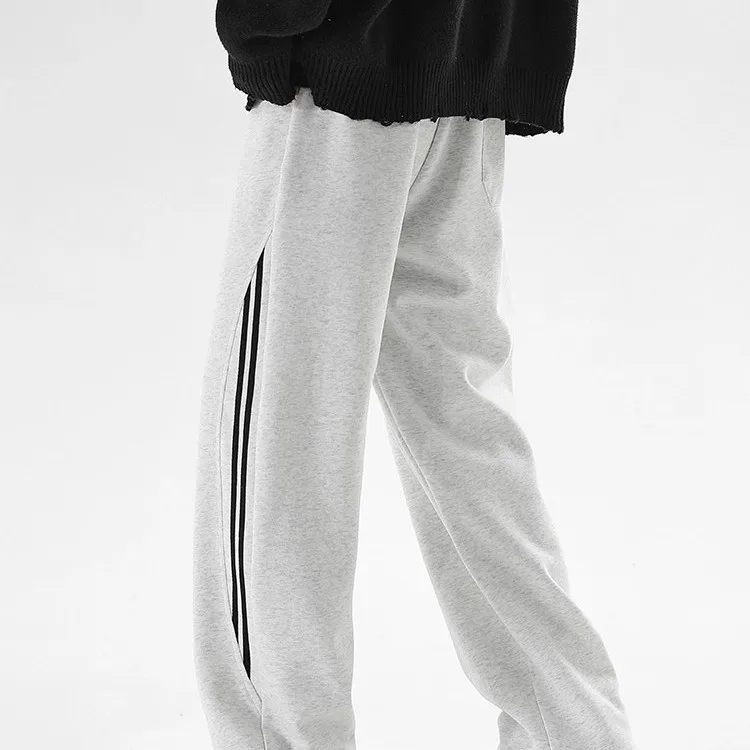 

Fashionable Black Straight Leg Casual Pants Autumn Spring Side Stripe Drapey Comfortable Polyester Fiber Youth Style Breathable