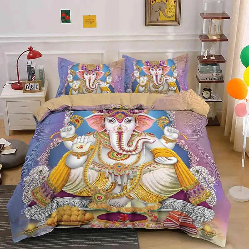 

Ganesha Duvet Cover Set Bohemian Elephant Bedding Set Microfiber Bedclothes Double Queen King Size Quilt Cover for Teens Adults