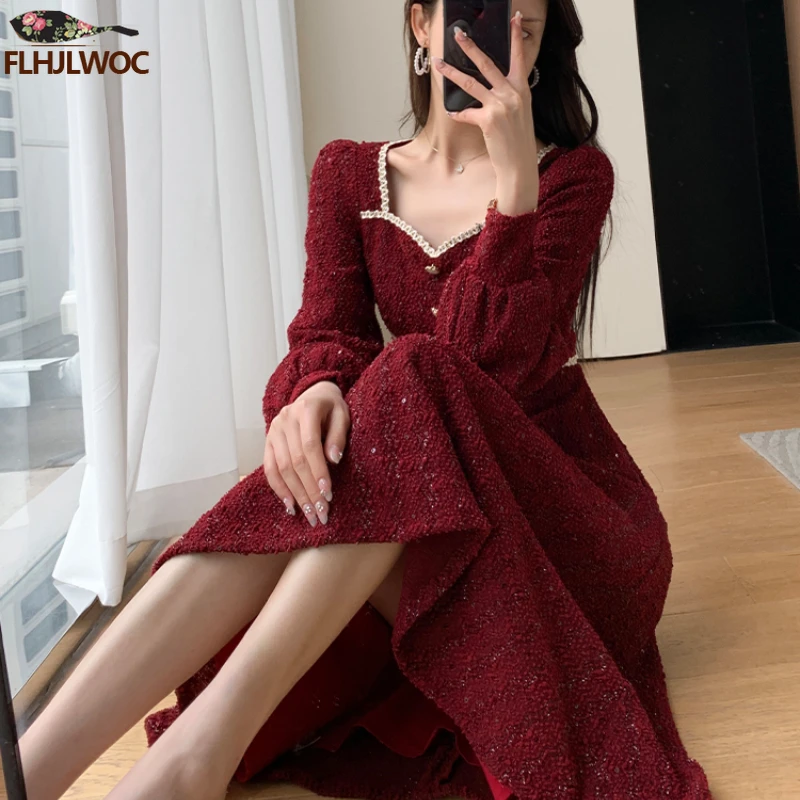 New Year Christmas Chic Elegant Annual Meeting Red Dress Women Square Neck French Design Bride Long Party Dresses Vestidos