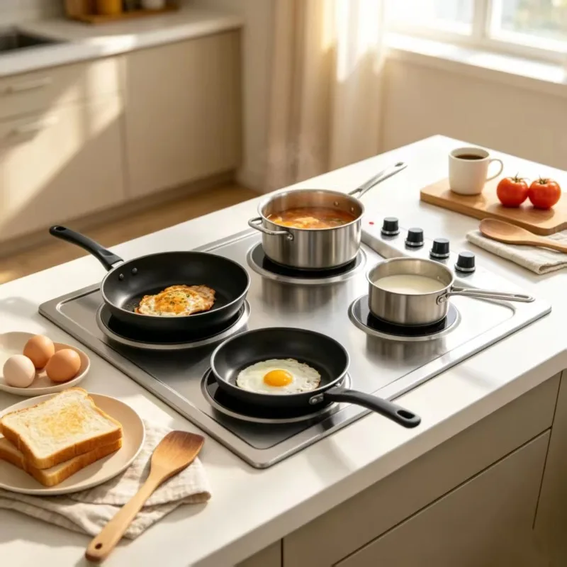 4 burner solid components Multi-block induction cooker, stainless steel surface, recessed installation, suitable for home cook