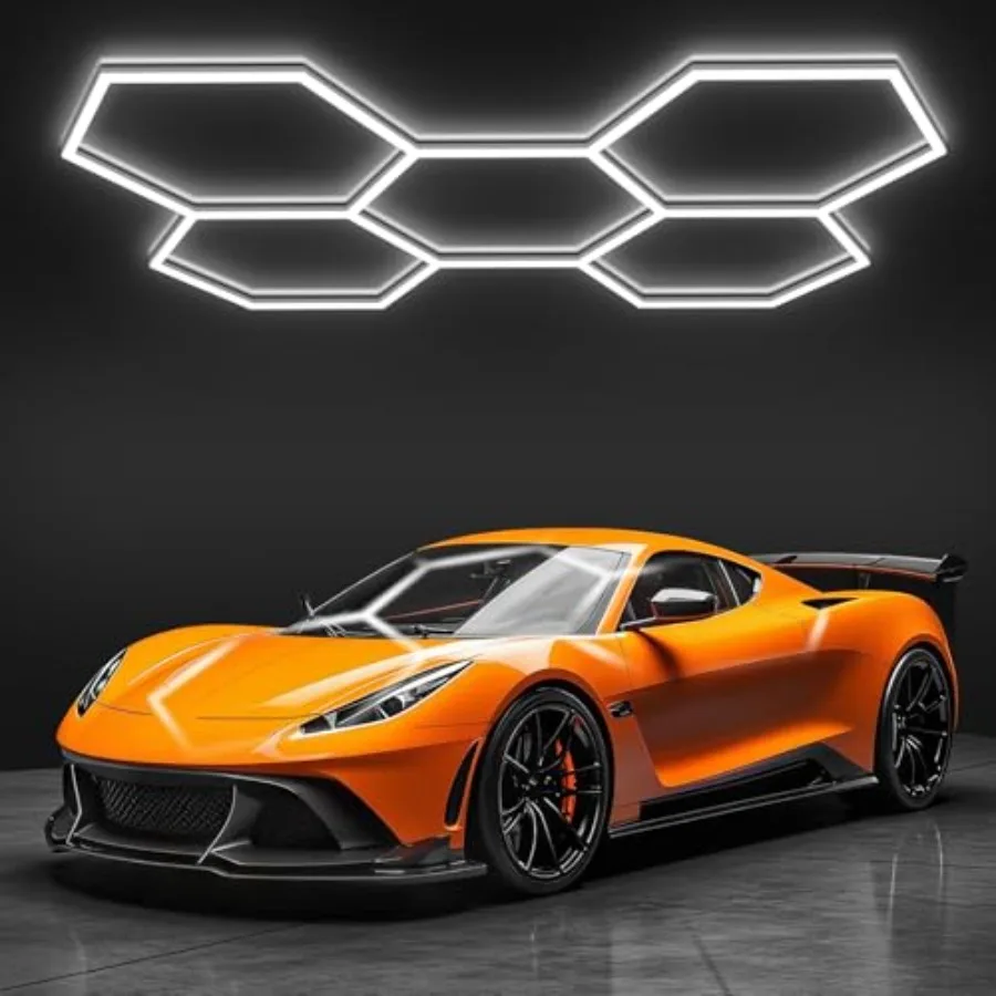 Hexagon Garage Lights, LED Honeycomb Lights Ceiling, 192W, 23040LM, 6500K Super Bright, 5 Grid Systems Car Detailing Light for view 2