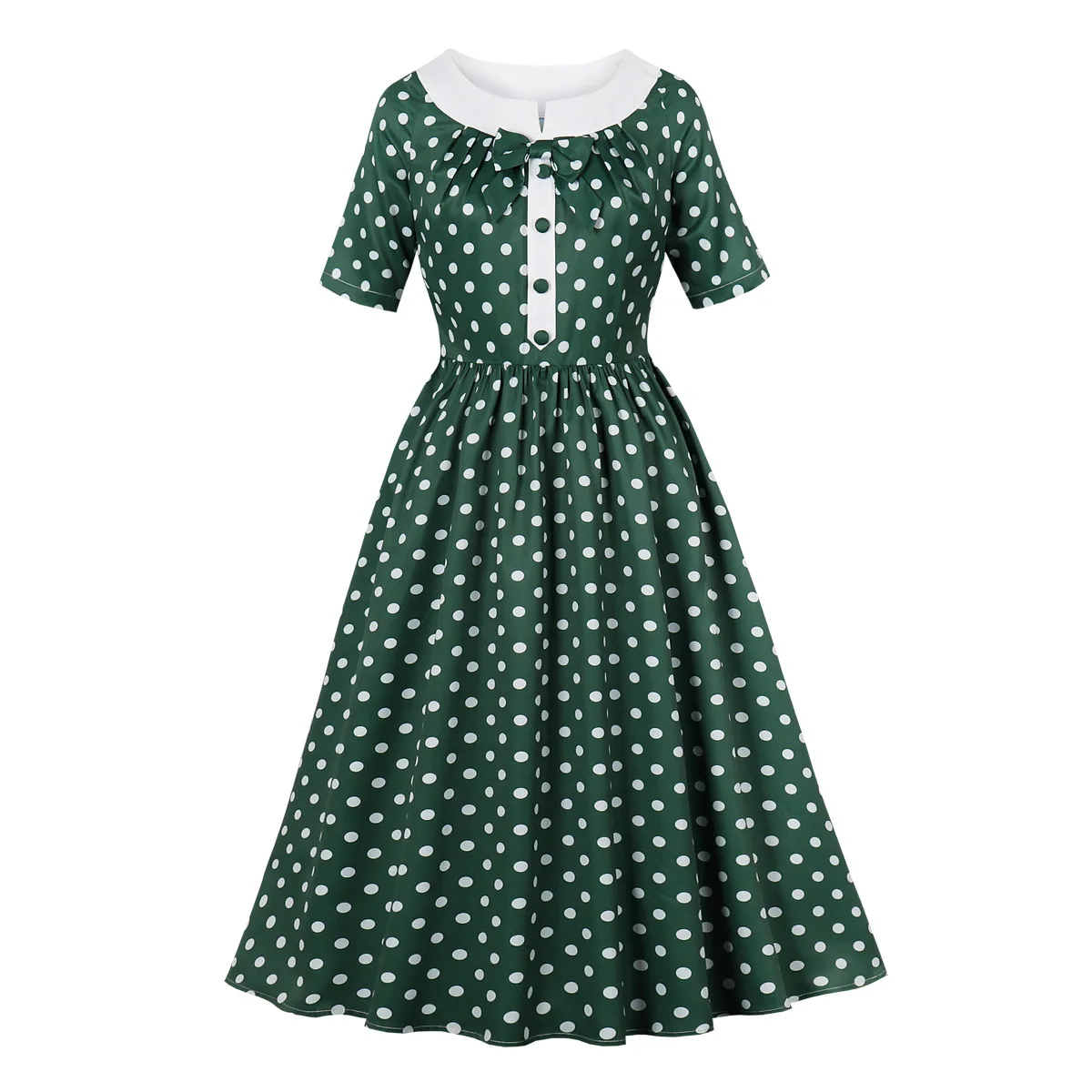 50s 60s Hepburn French Style Vintage Polka Dot Print Rockabilly Swing Dress Women O-Neck Short Sleeve Classic Party A-line Dress