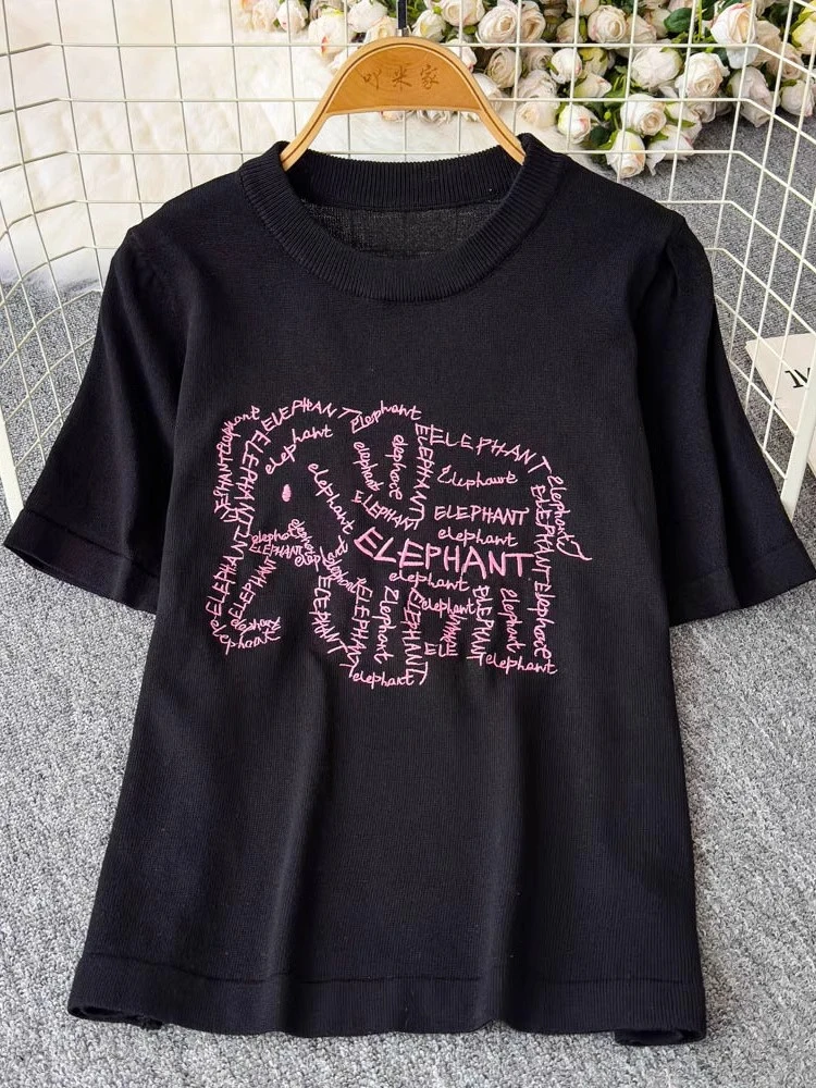 Camiseta con dibujos de elefante para mujer, camisa básica de verano 2025, camisetas de punto de manga corta bordadas, camisetas informales holgadas y ajustadas para mujer