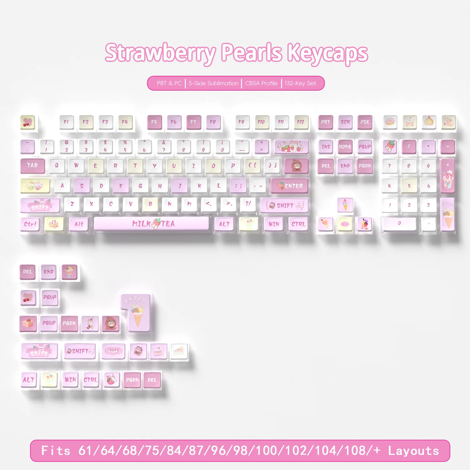 

[Four-sided transparent white background - strawberry beads] PC + PBT hot sublimation small full set of boxed mechanical keyboar