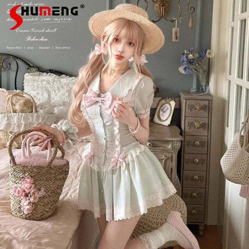 

New Japanese Retro Doll Collar Bow Short Sleeves Dress Kawaii Clothes Slim Fit Single-breasted High-waisted Dresses For Ladies