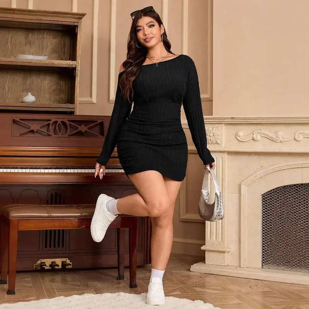 

Autumn 2025 Winter New Plus Size Women's Pure Desire Asymmetric Neck Dress Off-shoulder Design Bodycon Short Dress Casual Y2k