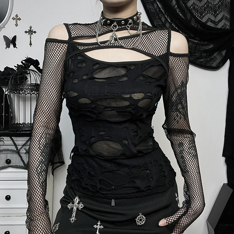 Goth Dark Frayed Mall Gothic Hollow Out T-shirts Grunge Punk Fishnet Patchwork Women Blouses Sexy Long Sleeve Alt Streetwear Top