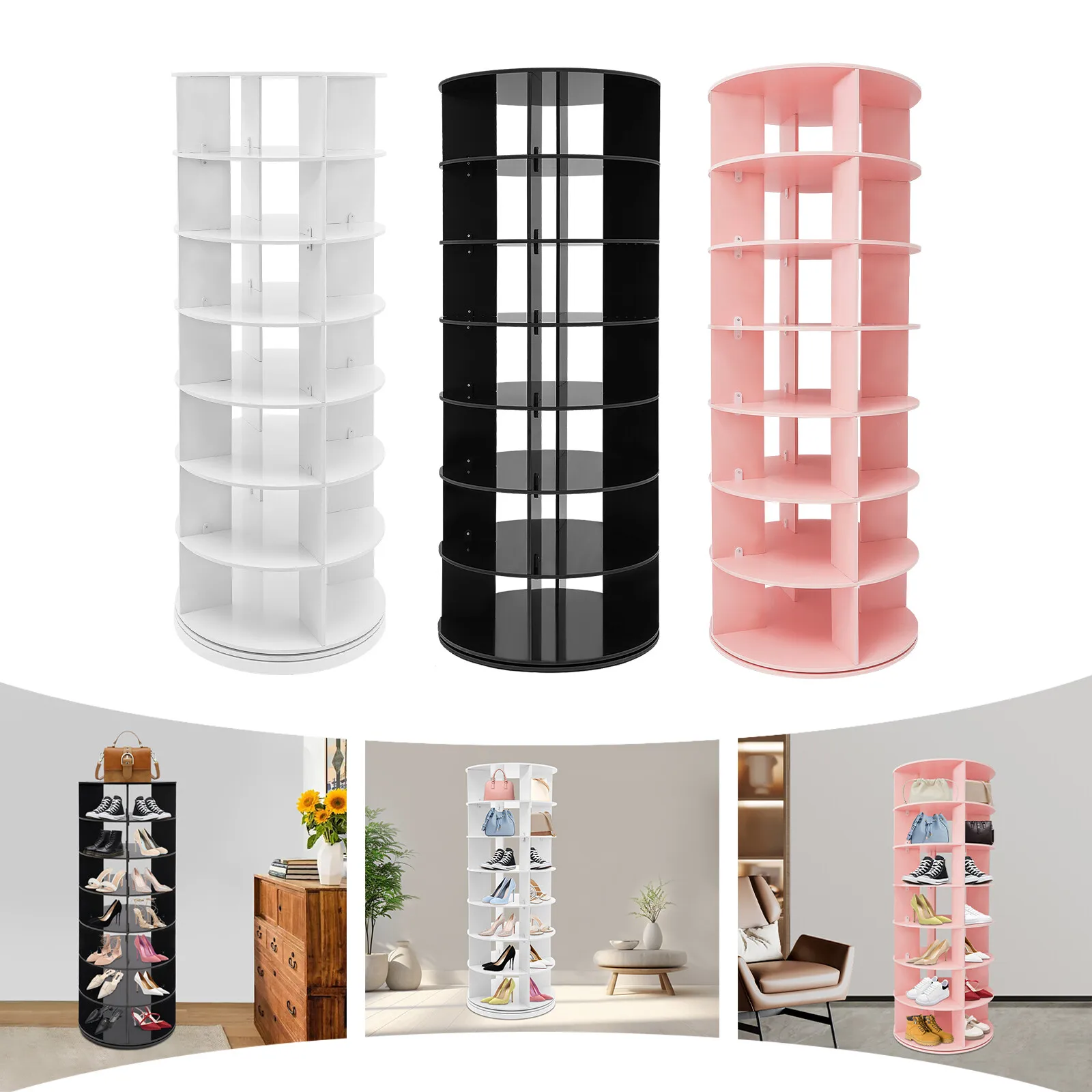 

Rotating Shoe Rack, 7-Tier Spinning Shoe Rack, 4-compartment design, 7-tier rotating shoe rack with 360-degree free rotation