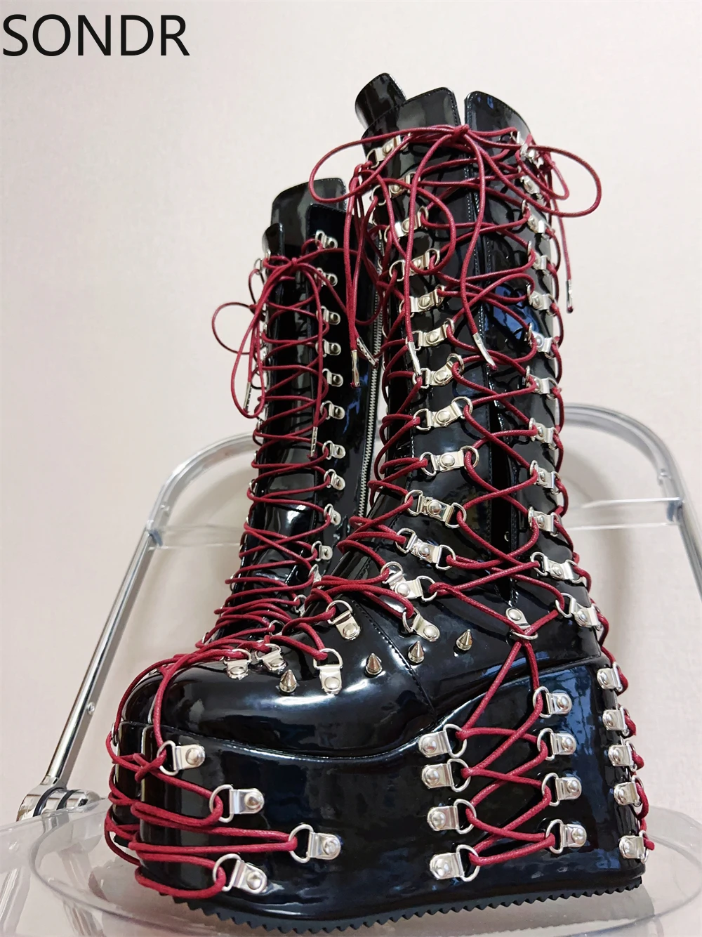 Womens Punk Knee Thigh Boots Platform Wedge High Heel Japanese Harajuku Lace Up Straps Motorcycle Shoes DIY JK New 2024